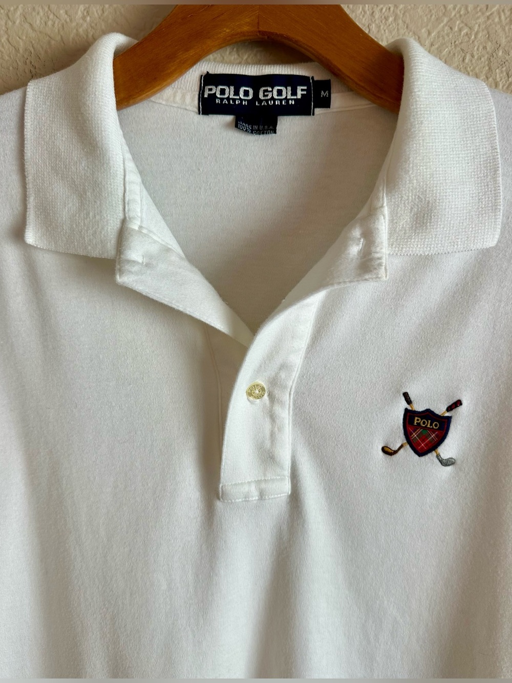 Vintage POLO GOLF Polo Shirt 90s White Cotton Crest Golf Clubs Logo Men’s M Rare